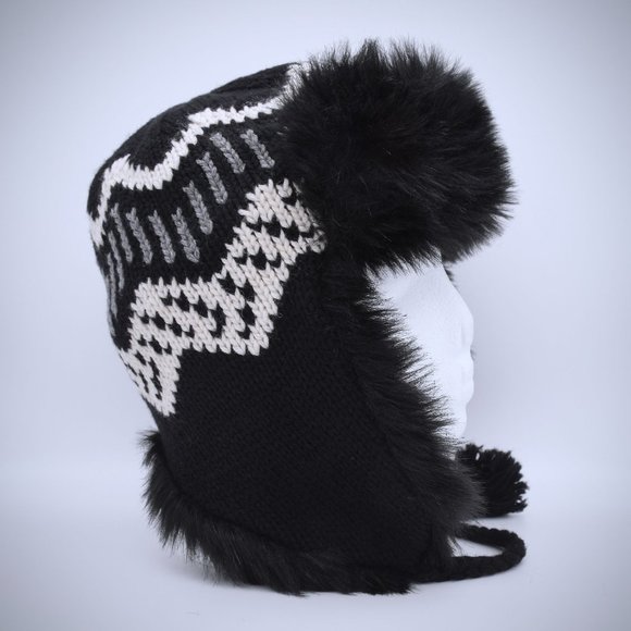 H&M Fair Isle Knit Trapper Faux Fur Hat Black Ear Flaps Pom Pom Tie Winter OS - Picture 1 of 7